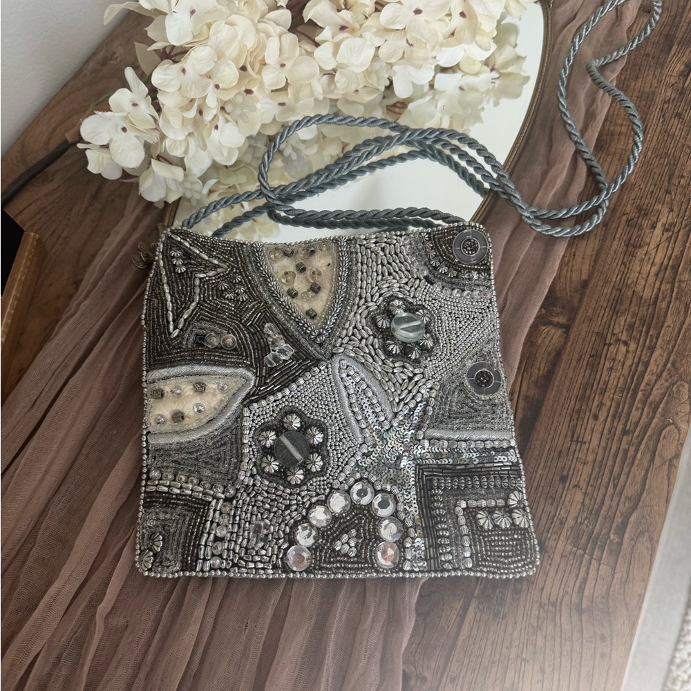 Beaded Silver Evening satchel, shoulder bag